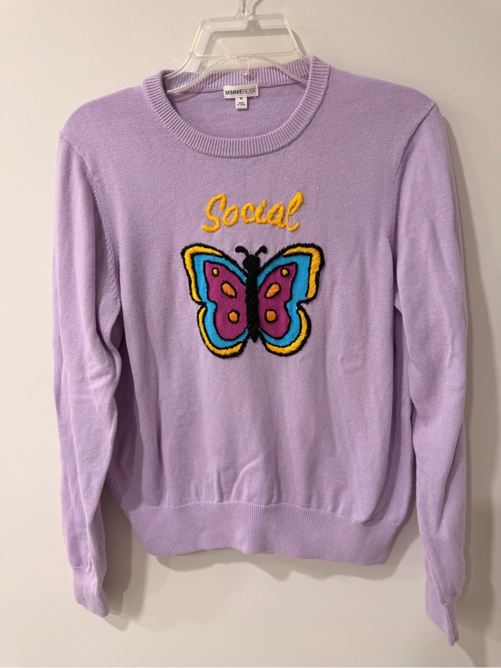 Minnie Rose Cotton Cashmere Embroidered Social Butterfly Sweater Size Medium